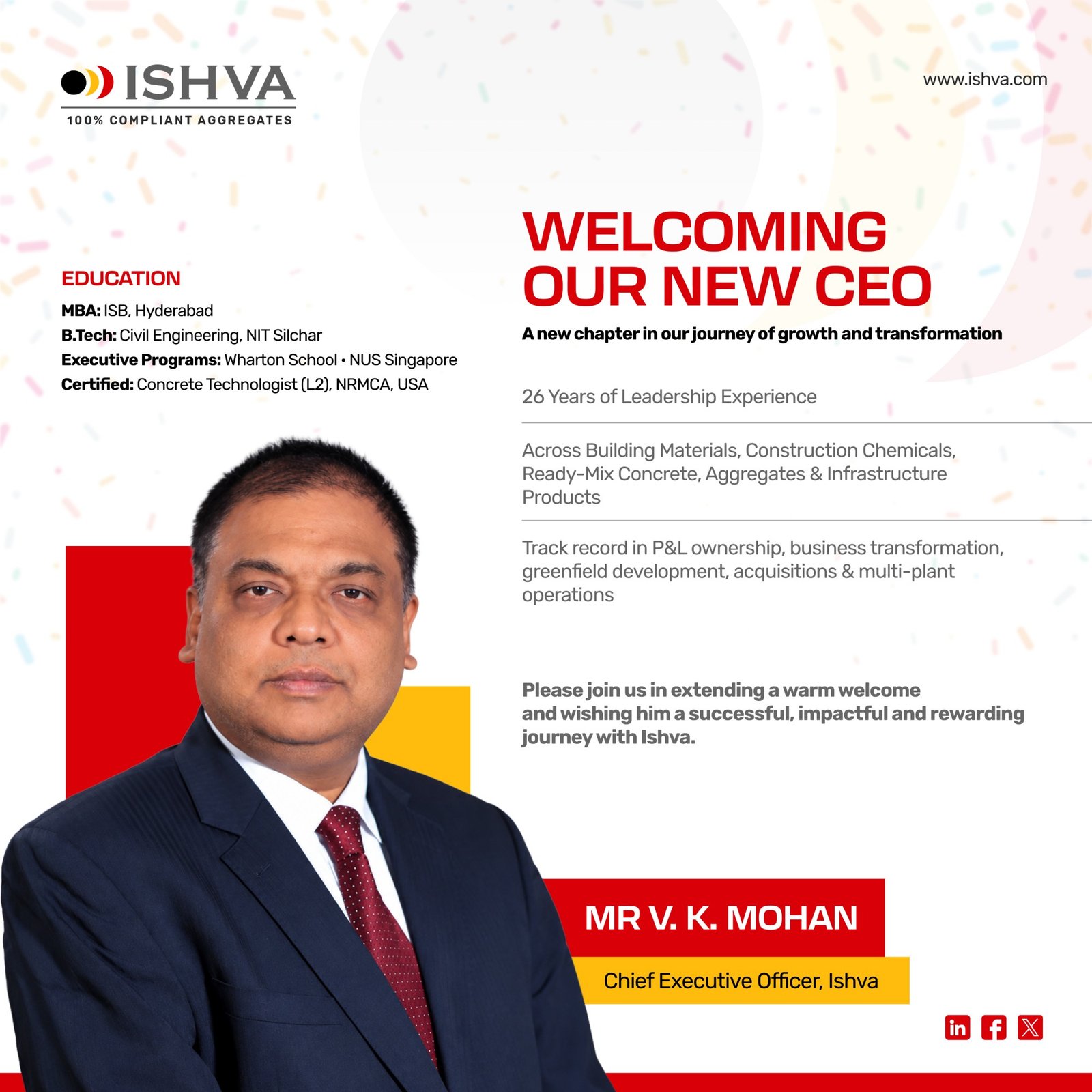 Ishva welcomes Mr. V. K. Mohan as Chief Executive Officer